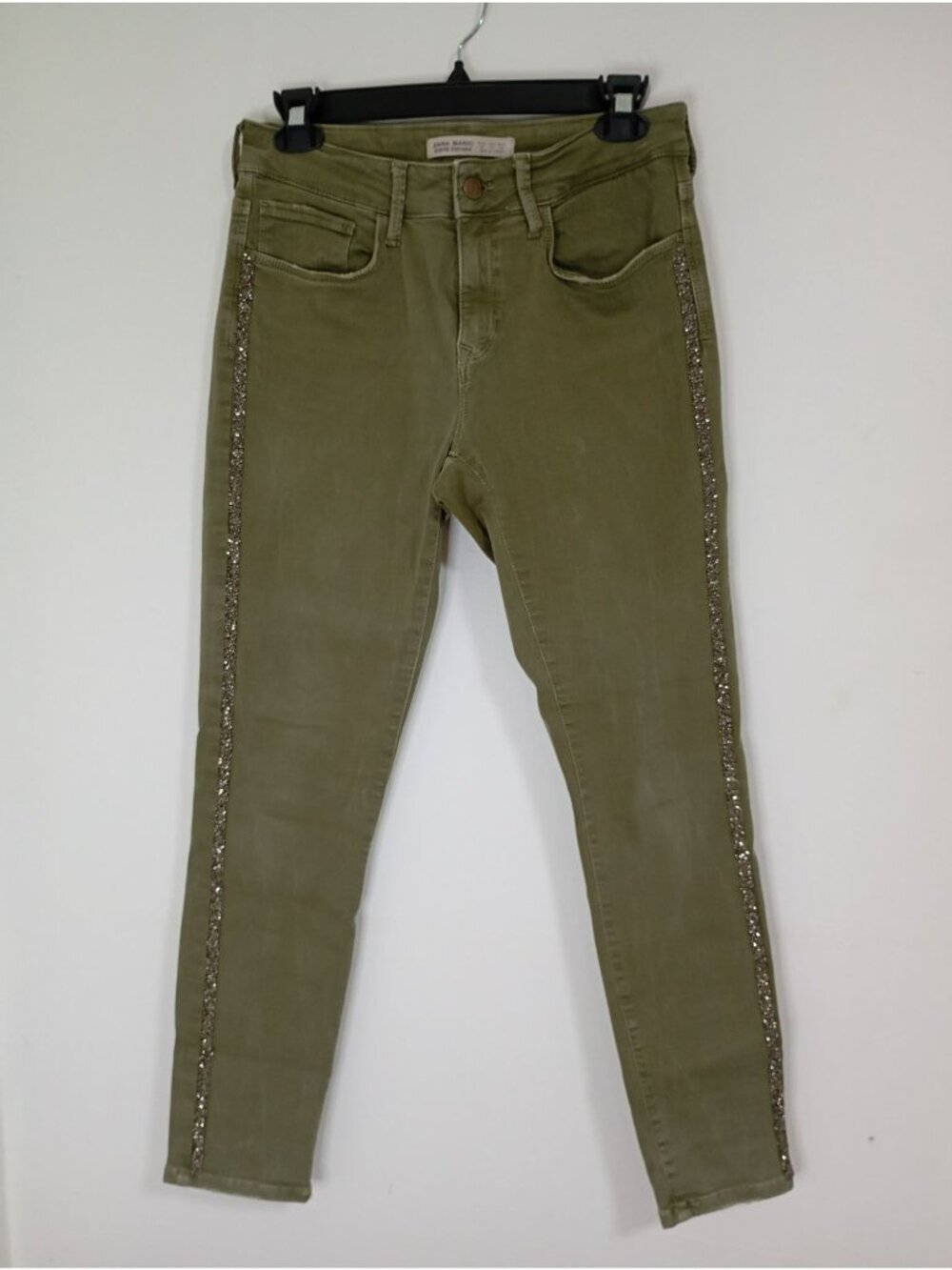 Zara Basic Olive Green Skinny Jeans With Glitter Side Stripes Size 8
